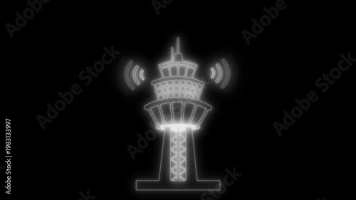 Neon Airport Control Tower with Signal Waves Animation