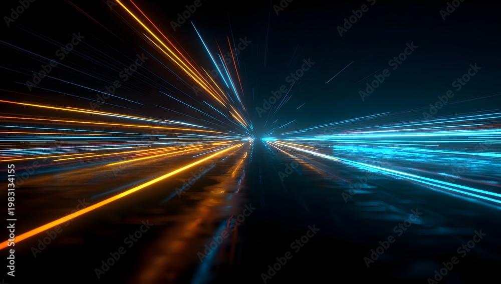 Fototapeta premium Abstract light trails on a dark background, showcasing a sense of speed and movement with vibrant orange and blue streaks, representing fast data transfer