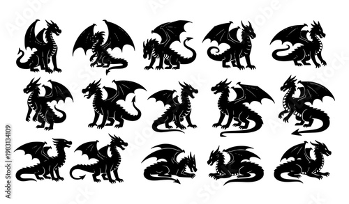 Standing Dragon Silhouette Set Fantasy Creature Vector Collection
