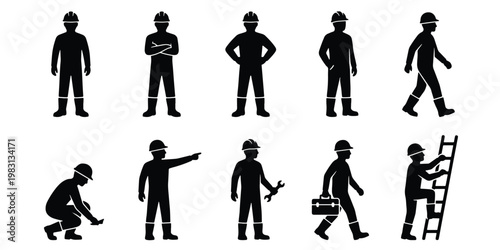 Industrial construction worker silhouettes, set of 10 builder icons in various poses, professional contractor and engineer vector figures for safety signs