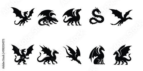 Mythical dragon silhouette collection, 10 fantasy creature vector icons, black flying dragon shapes, medieval monster graphic elements for gaming