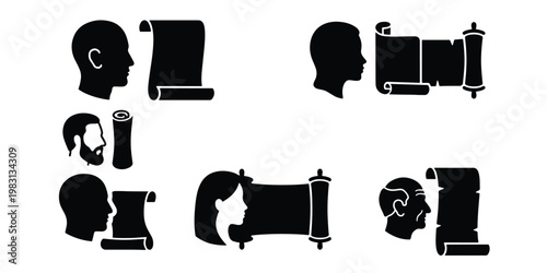 Black silhouette human head profiles with ancient paper scrolls, set of 6 vector icons, historical storytelling and genealogy concept elements