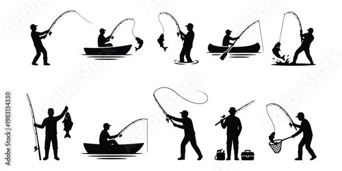 Fishing silhouette collection, 10 fisherman vector elements, black silhouettes of people fishing from boats and shore, outdoor hobby graphics