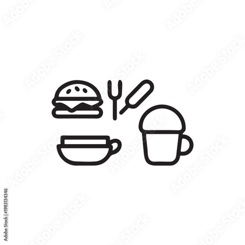 Food and drink icons: coffee, burger, pizza, utensils, black vector flat design