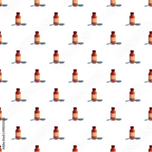 Cough syrup bottles and spoons forming a repeating medical pattern for healthcare themes