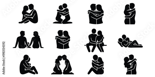 Romantic couple silhouette icons, set of 12 black vector pictograms of lovers hugging and kissing, intimate relationship and dating symbols