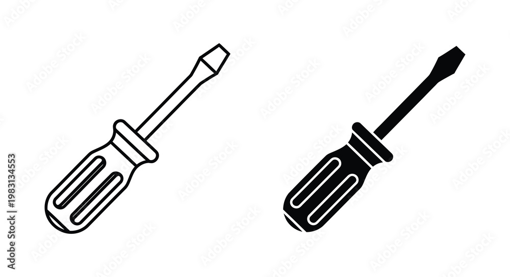 Fototapeta premium Two screwdrivers one outlined and one filled presented as a graphic silhouette