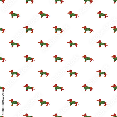 Dachshund dog cartoon wearing a green sweater creating a seamless pattern