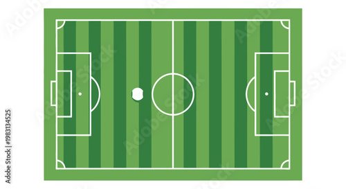 Overhead view of a green soccer field with markings and a central circle