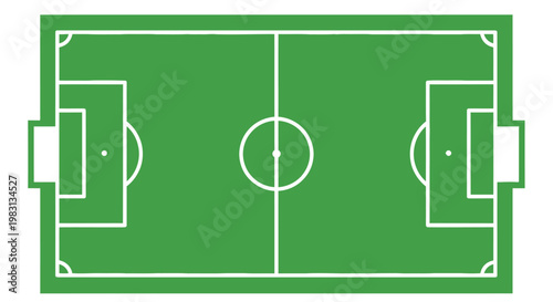 Overhead view of a green soccer field with white lines and goal boxes