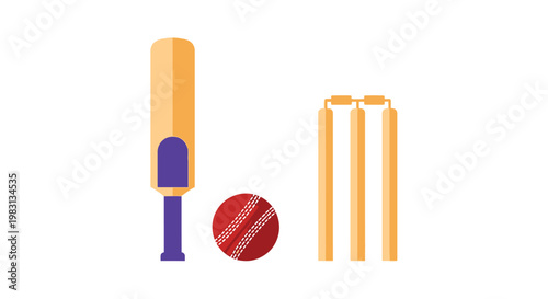 A colorful illustration of cricket equipment a bat ball and wickets