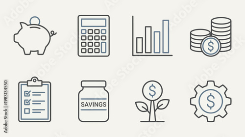 Minimalist finance icons: piggy bank, calculator, bar chart, coins, clipboard, investment growth, plant coins, gear management, hand transaction.