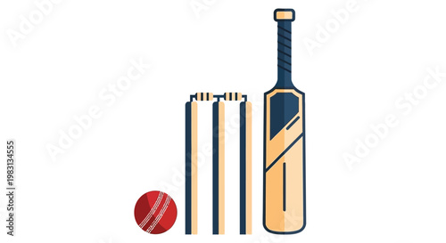 Cricket equipment illustration a bat ball and wickets are prominently displayed
