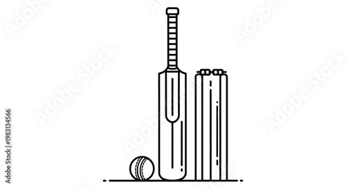 Simple line art illustration of a cricket bat balls and wickets