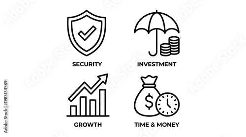 Minimalist finance icons: shield security, umbrella investment, growth chart, money bag with clock, monochrome clarity, professional symbolic design.
