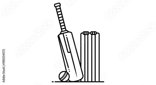 A simple line drawing depicts a cricket bat wickets and a ball