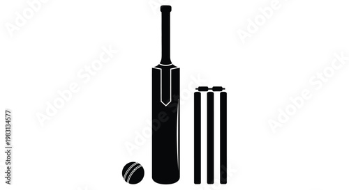Black silhouette of a cricket bat ball and wickets on a white background