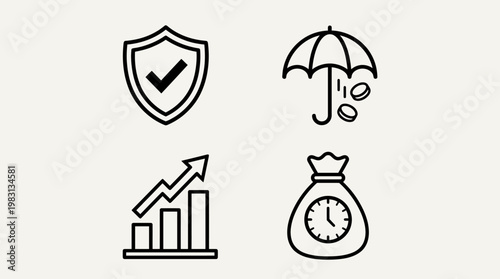 Minimalist finance icons: shield security, umbrella insurance, upward bar chart growth, money bag with clock savings, monochrome clarity.