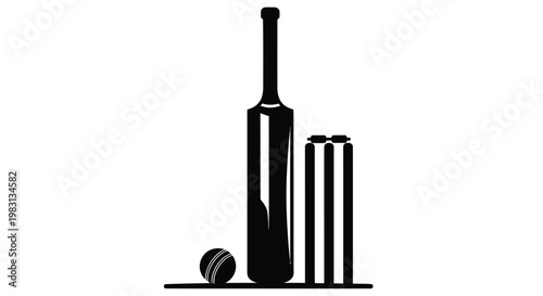 Black silhouette of a cricket bat ball and wickets on a white background