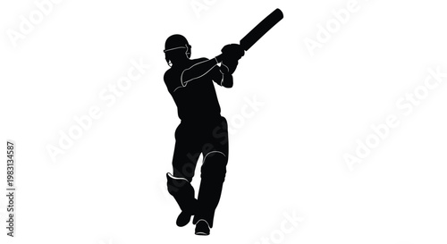 Silhouette of a cricket batsman in a dynamic hitting pose against a white background