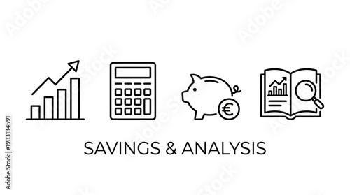 Minimalist finance icons: bar chart growth, calculator budgeting, piggy bank savings, open book with magnifying glass analysis clarity.