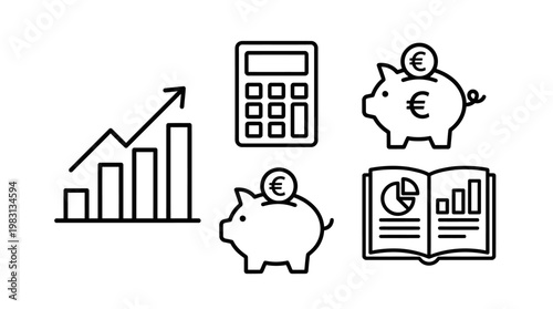 Minimalist finance icons: bar chart, calculator, piggy bank, euro coin, open book with graphs, monochrome professional clarity.