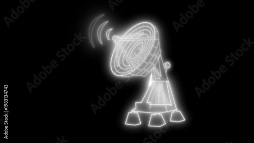 Glowing neon outline of a satellite dish tower animation on a black background