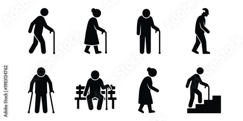 Elderly people silhouette icons set, senior citizens with walking sticks and crutches, 8 vector pictograms of aged men and women for healthcare