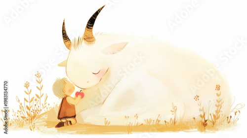 Illustration of a young child embracing a large, gentle goat in a serene outdoor setting with flowers and soft colors creating a whimsical atmosphere