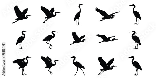 Heron silhouette collection, 15 black crane bird icons in flight and standing poses, elegant egret vector set for nature and wildlife design