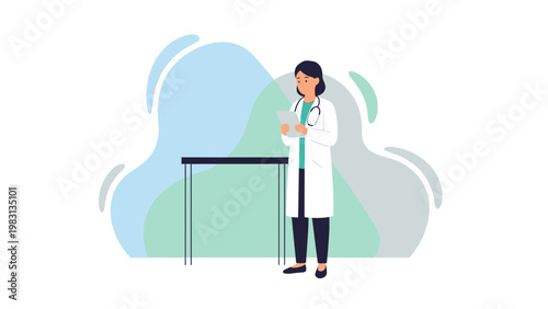 Doctor in white coat with stethoscope reading document at desk, abstract background