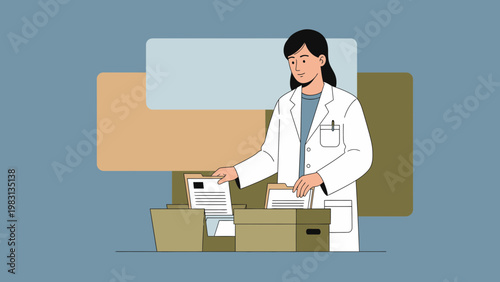 Doctor organizing medical files in a box, healthcare research and data management concept