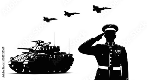Military Salute: Soldier, Tank, and Fighter Jets in Formation