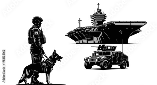 Military Security Team: Soldier, K9 Unit, Aircraft Carrier, and Humvee