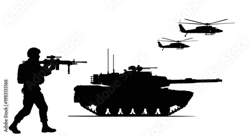 Military Silhouette: Soldier, Tank, and Helicopters in Combat Formation
