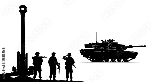 Military Silhouette: Soldiers, Artillery, and Tank on White Background