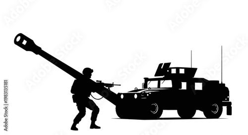 Military Soldier Aiming Artillery Cannon Mounted on Humvee Vehicle Silhouette