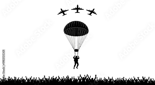 Parachutist Jumps from Plane Above Cheering Crowd, Military Airshow Spectacle