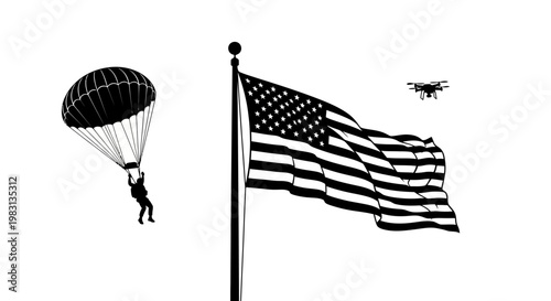 Paratrooper and Drone Fly Past American Flag