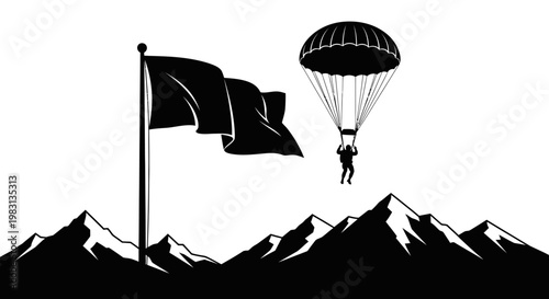 Parachutist Descends Near Waving Black Flag Over Snowy Mountains