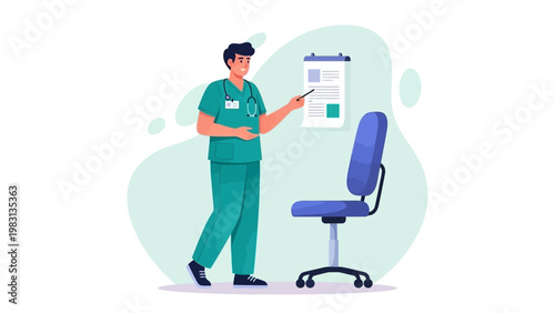 Doctor presenting medical information on clipboard in clinic office with chair