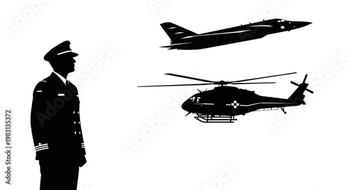 Pilot Salutes Military Aircraft: Jet Fighter and Helicopter Silhouette