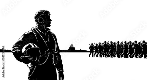 Pilot Standing Proudly, Troops Marching On Airfield, Vintage Military Scene