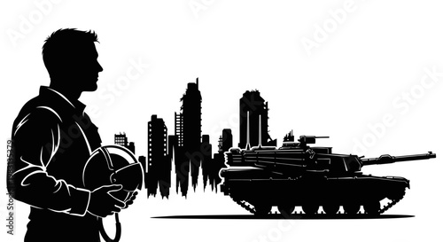 Pilot Silhouette with Tank and Ruined Cityscape