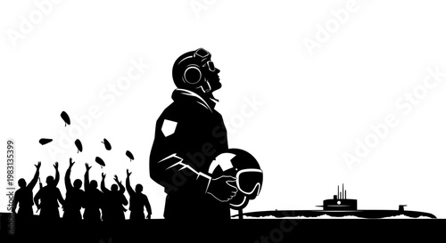 Pilot with Helmet and Submarine, Crowd Cheering, Silhouette, Military, Aviation, Navy