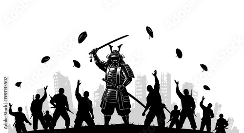 Samurai Warrior Silhouette with Raised Sword Amidst Uprising Crowd and Cityscape