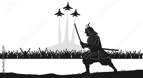 Samurai Warrior with Sword and Fighter Jets Flying Over Crowd