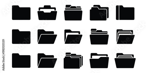 Minimalist folder icon set, 15 black solid file directory symbols, professional office document storage vectors for web interface design