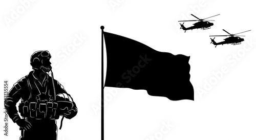 Silhouette of a Pilot and Helicopters with a Waving Flag
