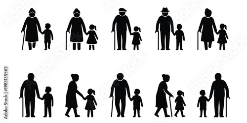 Grandparents and grandchildren silhouettes, set of 10 vector icons showing elderly people walking with kids, senior citizens and children figures